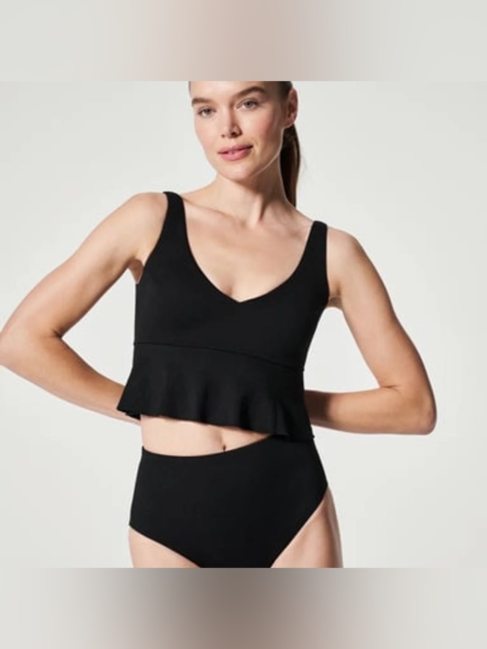 Spanx Pique Longline Flounce Swim Top - Very Black - NWT